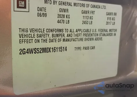 1999 Buick Century Custom from USA, damaged, VIN 2G4WS52M0X1611514